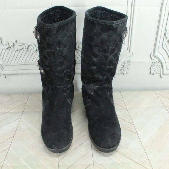 Coach Tinah Monogram Black Suede Lined Buckle Mid Calf Boots Size 7.5 B - Picture 5 of 9